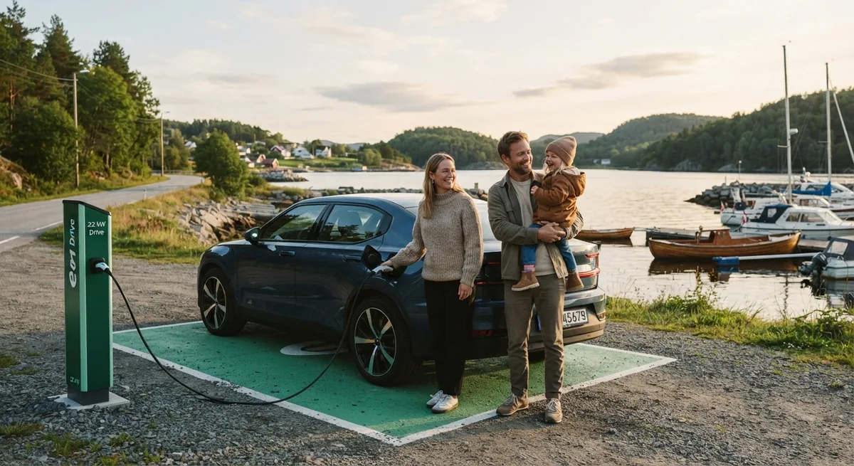 Familie ved ladestander med elbil under opladning